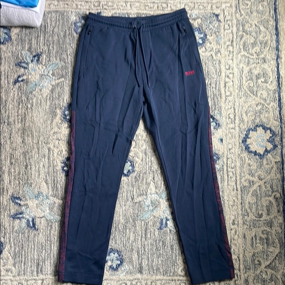 Hugo Boss Blue and Red Sweatpants with Tapered Leg